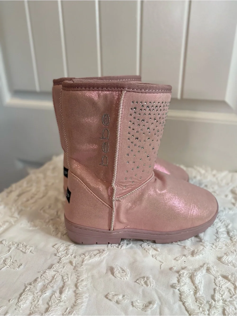 bebe Shimmery Pink Mid-Calf Girls' Boots with Rhinestones